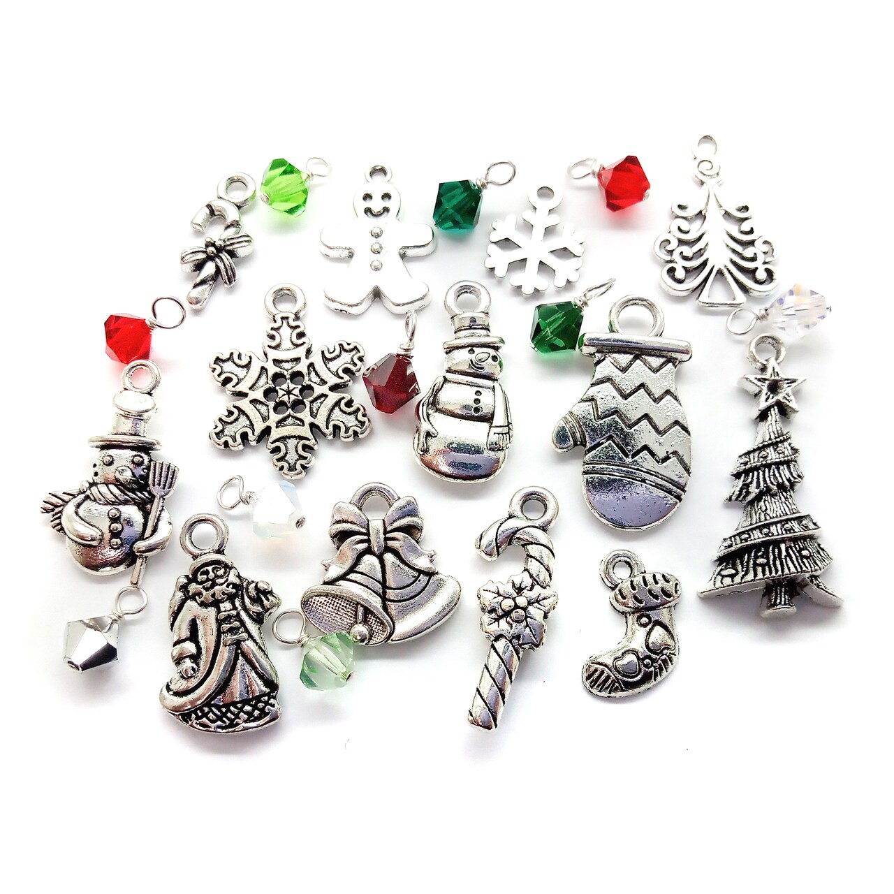 Christmas Charms, Metal Charms with Crystal Bead Dangles, 23 piece Assortment, Adorabilities